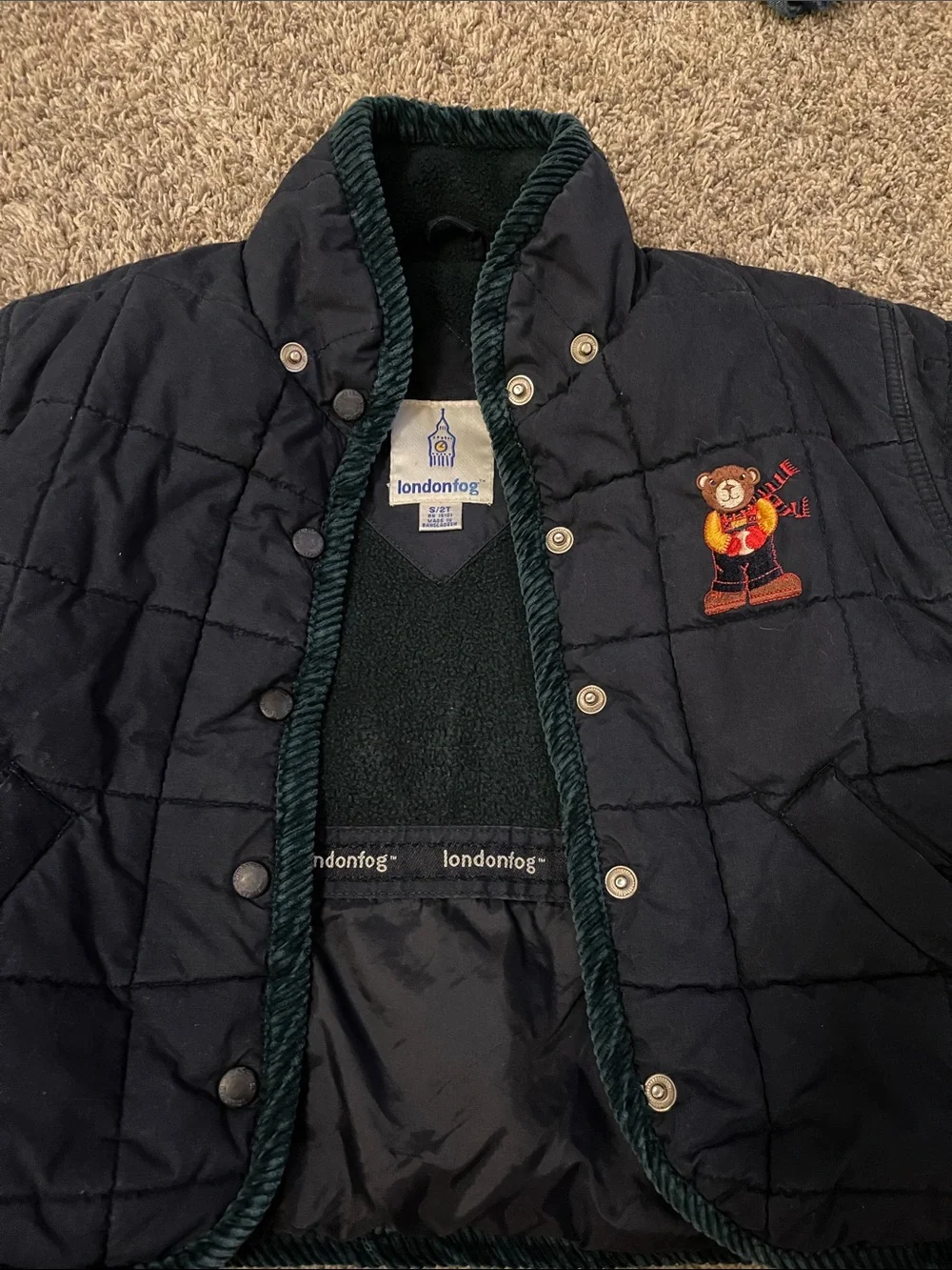 London Fog Navy Quilted Kids Jacket with Bear Embroidery thick winter coat 2T